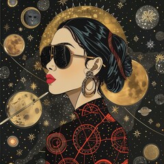 Fashionable young woman styled as retro astronaut, modern art portrait. Futuristic glamour with