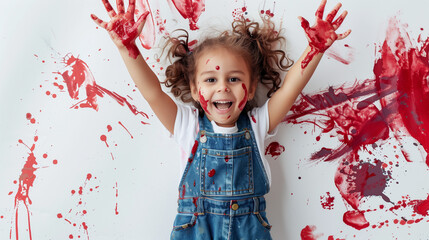 A cheerful mixed-race girl wearing overalls is depicted holding an artist's paintbrush, with her hands raised high and splashes of dark red color covering her from painting the wall. 