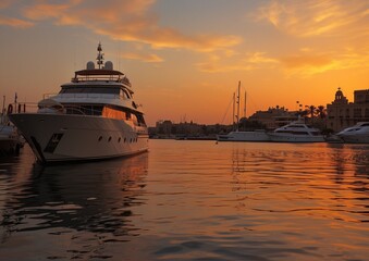 Fototapeta premium Luxury Yachts Anchored in Serene Harbor at Sunset, Wealthy Lifestyle Sea View