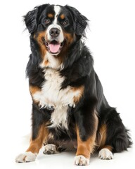 Bernese Mountain Dog Sitting in Front of White Background. Color Image of Cute Pet Animal Isolated