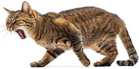 Angry Mixed-Breed Cat Hissing in Aggression in Cut-Out Style. Domestic Pet Animal Showing Its