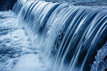 Closeup of water flowing over a dam, illustrating the idea of power and the challenge of managing natural resources  