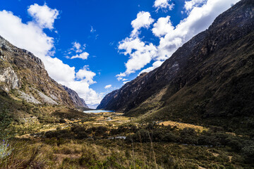 landscape on the way to laguna 69 with a laguna in snow covered andes in the national park...