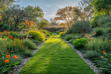 A sprawling, naturalistic lawn area surrounded by wild shrubbery and small flowering plants, resembling a meadow.