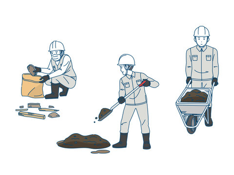 土木工事　瓦礫や泥を撤去する土木作業員の男性のイラスト