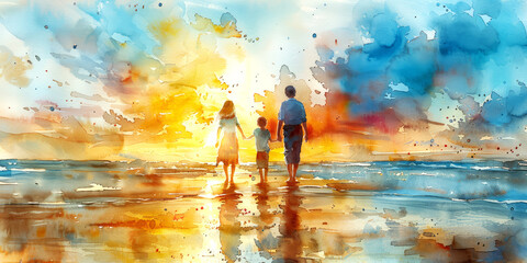 Digital painting of father and son walking on the beach at sunset.