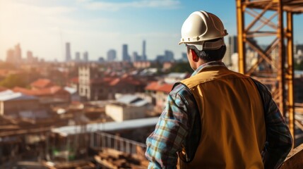 A construction worker wearing a hard hat and safety vest is standing on a building under construction and looking at the city.