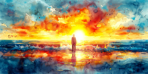 Illustration of a man standing on the seashore at sunset.