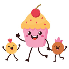Vector healthy cupcake on the Cartoon Character Marching Joyfully, depicted marching with enthusiasm, showcasing smiling face and animated poses with distinct personalities and features. They walk in 