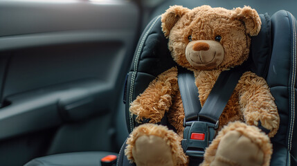 Teddy bear securely fastened in a child's car seat, safety and comfort concept