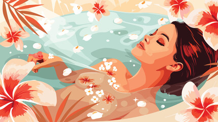 Beautiful young woman taking bath with flowers in spa