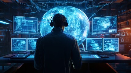 A hacker in a dark room surrounded by computers and a large screen with a globe of the world. - obrazy, fototapety, plakaty