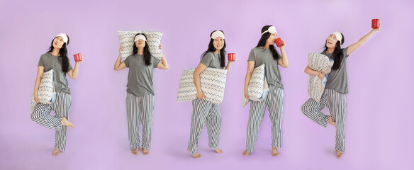 Full body smiling happy young Asian woman wears pyjamas jam sleep eye mask rest relax at home hold pillow look camera isolated on plain pastel pink background. Good mood night nap concept
