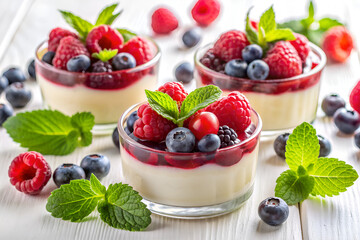 Panna cotta with fresh raspberries, blueberries and mint