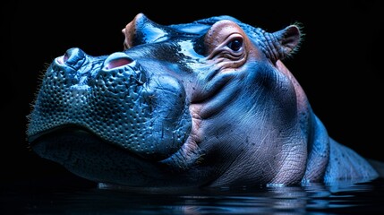   A tight shot of a hippo's head emerging from a water body
