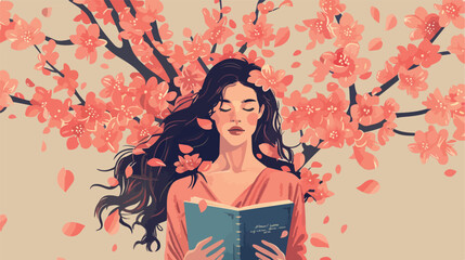 Beautiful young woman with blooming spring branches a