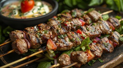   A tight shot of a skewer laden with meat and vegetables In the backdrop, a bowl brimming with sauce