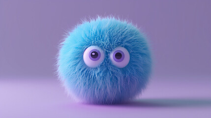Fototapeta premium A 3D render featuring a cute blue fluffball with two eyes set against a purple background, presented in a minimalistic style. The design showcases simplicity and charm, with the fluffy texture