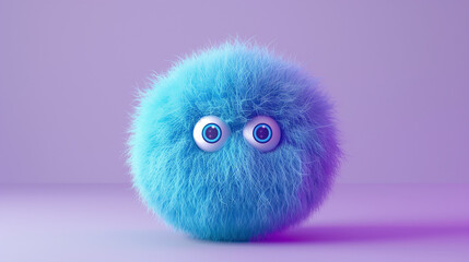 A 3D render featuring a cute blue fluffball with two eyes set against a purple background, presented in a minimalistic style. The design showcases simplicity and charm, with the fluffy texture