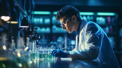 A young scientist wearing a lab coat and safety glasses works in a dimly lit laboratory.