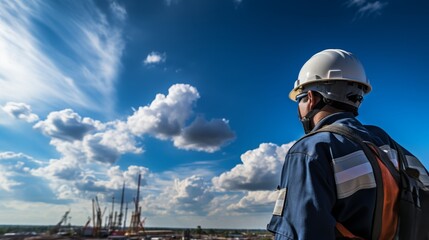 Fototapeta premium An industrial worker wearing a hard hat and safety vest looks out at a large construction site.