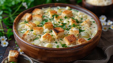   A bowl of potato soup is garnished with croutons and Parmesan bread croutons, topped with parsley