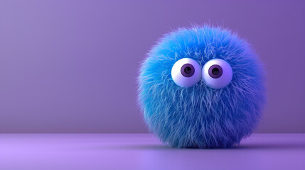 Fototapeta premium A 3D render of a cute blue fluffy ball with two eyes on a purple background, presented in a minimalistic style with a simple design. This adorable creature is a cute monster concept art featuring 