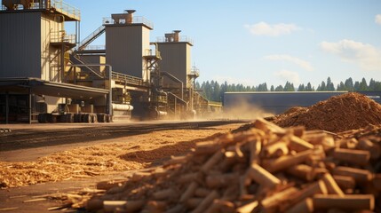 Large piles of wood chips and sawdust with a factory in the background