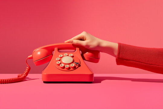 Close-up of a hand holding a red rotary phone against a vibrant red background. Retro-inspired minimalist photography with bold color contrast.