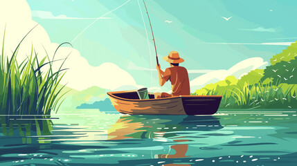 Man in big straw hat  fishing with fishing rod from a boat on picturesque lake in summertime,  flat illustration