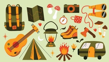 Retro camping vector illustration set: backpack, map, hiking boots, campfire, guitar, tent, mug, camera, lantern, travel trailer, ax, mushrooms. Cartoon design elements collection tourism concept