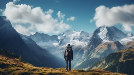 A person with a backpack stands in front of a mountain and looks at the mountains - Powered by Adobe
