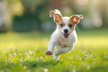 Small white and brown dog running in the grass with playful energy