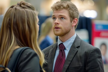A man dressed in a professional suit and tie engaging in a conversation with a woman