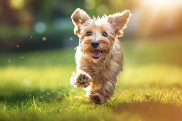 A small dog races through a vibrant green field, filled with energy and excitement
