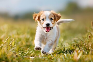 An energetic puppy races through a bright grassy field in this closeup