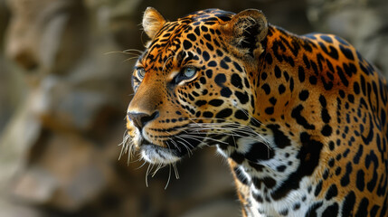 Naklejka premium A tight shot of a leopard's face, backdrop blurred with rocks and a stone wall
