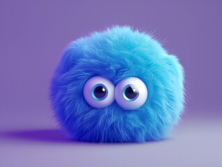 Fototapeta premium A 3D render of a cute blue fluffy ball with two eyes on a purple background, presented in a minimalistic style with a simple design. This adorable creature is a cute monster concept art featuring 