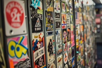 A wall completely covered with a wide array of stickers in different sizes and designs, creating a colorful and busy display
