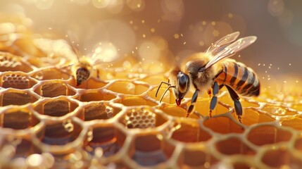 A bee is seen on a honeycomb, with another bee in the background