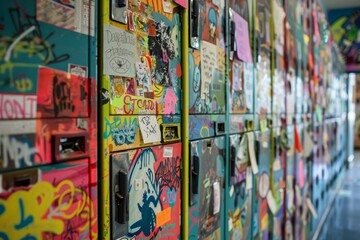 Closeup of a vibrant wall adorned with numerous colorful pictures, creating a dynamic and visually engaging display