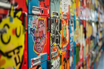 A group of various colorful magnets stuck on a wall, creating a vibrant display
