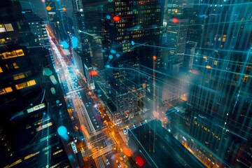 High angle view of a city at night with blurred lights and abstract data streams connecting...