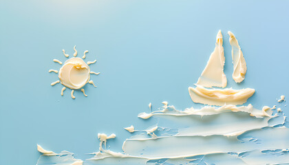 Drawings of sun and boat made with sunscreen cream on pale blue background