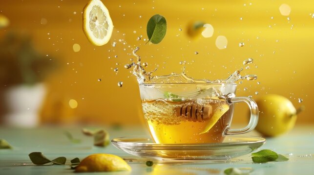A glass of tea with a lemon slice and a sprig of mint