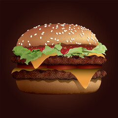 Homemade double chessburger side view isolated on brown background vector illustration.