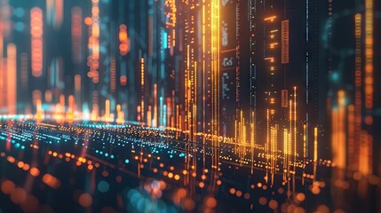 Fototapeta premium Abstract digital landscape with glowing neon lines and particles