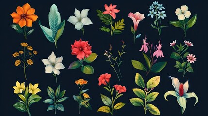Colorful assortment of illustrated botanical flowers on dark background