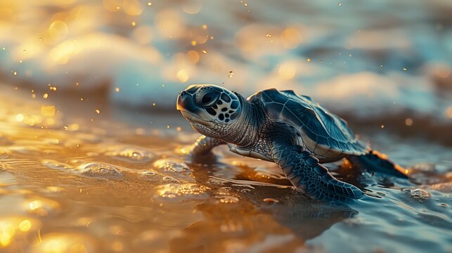 Green sea turtle baby on the beach on a sunny day. World Turtle Day. Turtle Protection concept. - Powered by Adobe