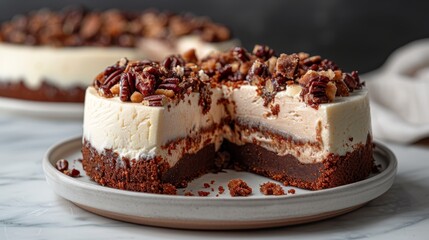   A white plate holds a cake topped with frosting and pecans Next to it, a slice has been neatly cut out